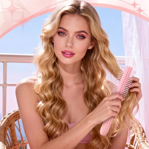 5Pcs Pink Hair Brushes for Women Hair Comb Set Detangler Brush for Men and Women Wet, Dry, Curly and Straight Hair - color: Pink