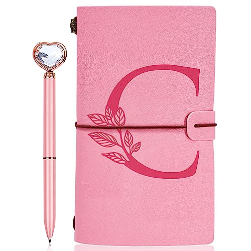 Personalized Journal Gift-Pink Initial Leather Journal+Heart Diamond Pen Set,Travel Notebook Diary Gifts,Refillable Notepads,Christmas,Birthday Gifts for Women Girls (7.9"x4.7") (C) - style: C