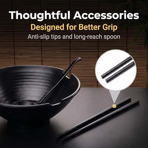 (Set of 2) Unbreakable Japanese Style Ramen Bowl with Chopsticks Spoon & Dipping Bowl Saucers, Large Black Matte Melamine Bowls for Pho Thai Miso Udon Soup Noodles, Asian Food & Wonton