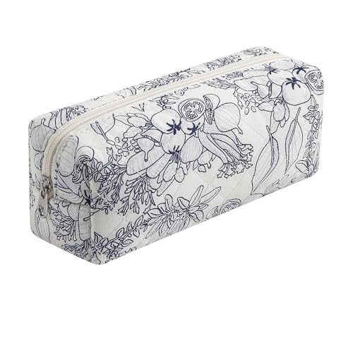 Cute Floral Cotton Makeup Brush Cosmetic Bag for Women, Travel Quilted Zipper Make Up Bag, Flowers Toiletry Organizer Case Kawaii Makeup Cosmetic Travel Cloth Pouch (Navy Blue Flower) - color: 09 Navy Blue Flower