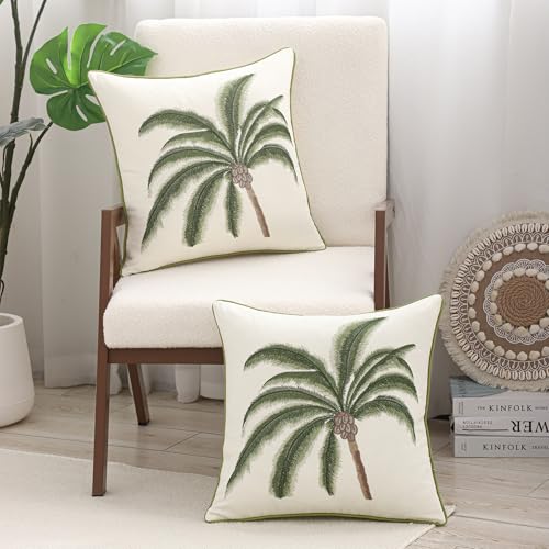 Embroidered Throw Pillow Covers 18x18 inch Pack of 2 Green Palm Tree - color: A Green Coconut Tree