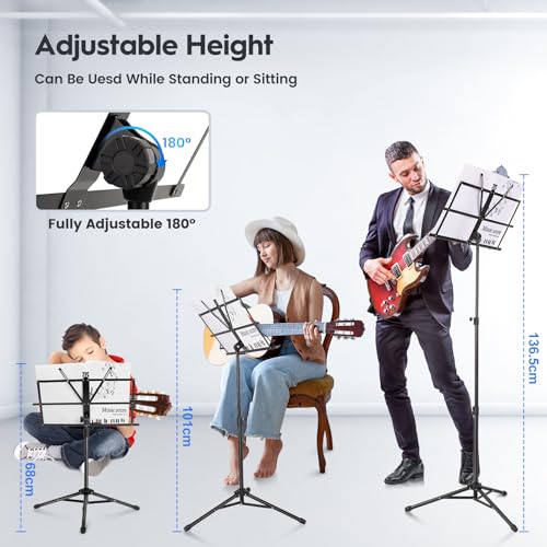New Bee Music Stand for Sheet with Carrying Bag, Metal Sheet Music Stand Portable, Adjustable Podium Stand with Tripod Base and Sheet Music Folder - Black - color: Dark Black