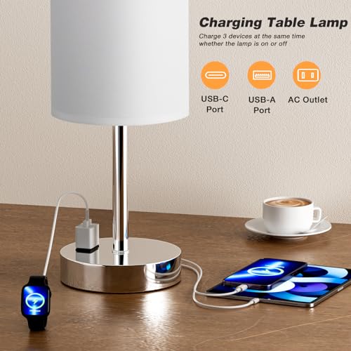 Fenmzee 17.4" White Lamp for Bedroom - Dimmable Touch, USB A+C, AC Outlet - color: White - Silver, size: 17.4"