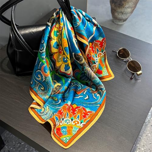 100% Pure Mulberry Silk Scarf 21" Women Square Scarf Neckerchief Headscarf - color: Blue and Orange Ethnic Style