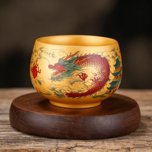 Minya Konka Dragon Phoenix Ceramic Tea Cups Pair - Hand-Painted Chinese Kung Fu Teacups Gift Set with Gold Glaze & Luxury Box, 6oz Wedding Anniversary Birthday Gift