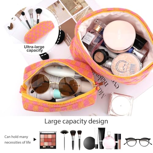 EIMMBD Makeup Bag 3 Pieces Large Capacity Checkered Cosmetic Bags Travel Toiletry Bag Organizer Cute Makeup Pouch Storage for Women(Orange & Pink) - color: Orange & Pink