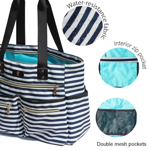 Weekender Bag Carry On Bag Overnight Tote Travel Duffle with 13 Pockets for Travel,Work，Gym,Beach,Teacher,Nurse - color: Navy white