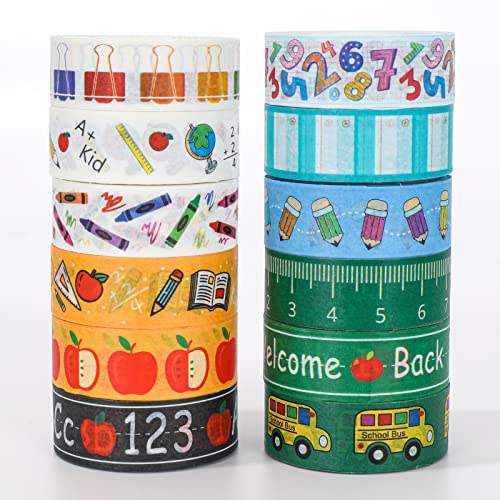 Whaline 12 Rolls Back to School Washi Tape Colorful Welcome Back to School Washi Masking Tape School Bus Ruler Crayon Decorative Paper Stickers for Scrapbook Gift Wrapping DIY Art Crafts - style: Style 1