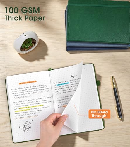 Dotted Journal Notebook, A5 Leather Hardcover, 160 Pages, 180° Lay-Flat Binding, 100 GSM Thick Paper, Dot Grid for Bullet Journaling, Planning & Daily Organization (Green) - color: Green, size: Dotted