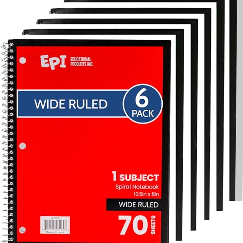 EPI Spiral Notebook | Wide - 70 Sheets, Durable Spiral Binding | 10.5 x 8 in | Classroom Supplies | School, Office, Note Taking, Journaling - 6 Pack - color: Red, size: 6