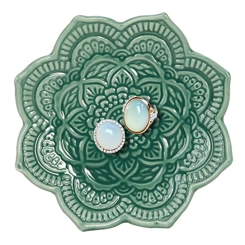 4" Datura Flower Ceramic Jewelry Dish, Ring Tray for Women(Green) - color: Deep Green