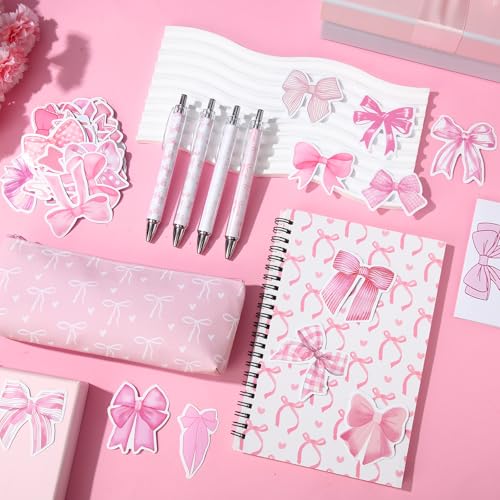 Sayglossy Pink Bow Set Pen Spiral Notebook Journal Pencil Case Sticker - color: Pink