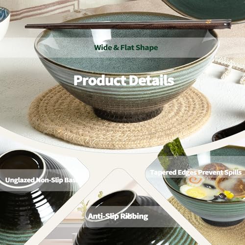 40 oz Ceramic Ramen Bowl Set of 2, Ramen Noodle Bowl with Spoons and Chopsticks 8 Inch Japanese Retro Style Large Soup, Pho, Udon Bowls, Microwave & Dishwasher Safe, Green - color: Green