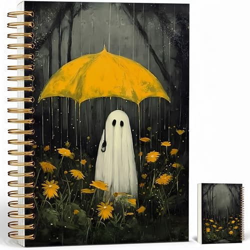 Notebook Journal for Women - A5 Spiral Notebook with Ghost in forest Design, Vintage Dark Romantic Ghost Wildflowers, Gothic Office & School Supplies, Unique Gifts for Women Birthday, Christmas (Yellow umbrella) - color: Yellow umbrella