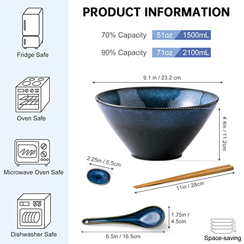 Large Ramen Bowls Set of 2, 71 oz Ceramic Noodle Bowls, Spoon & Chopsticks - color: Reactive Blue, size: 71 Oz