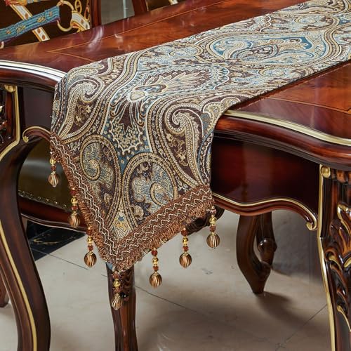 Luxury Vintage Design Table Runner 120 inches Long Embroidery Jacquard Fabric with Multi-Tassels Table Runners for Dining Room Dresser Wedding Holiday Party Fireplace Decorations (Coffee, 12X120inch) - color: Coffee, size: 12X120inch