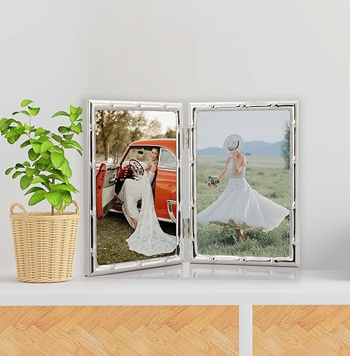 4x6'' Bamboo Detail Double Photo Frames,Silver 6x4'' Double Metal Picture Frames,Elegant Silver Plated Photo Frames 4 x 6'' With Soft Touch Velvet Backing and Real Glass for Desktop and Shelf Decor - color: Silver, size: 4x6Inch Double