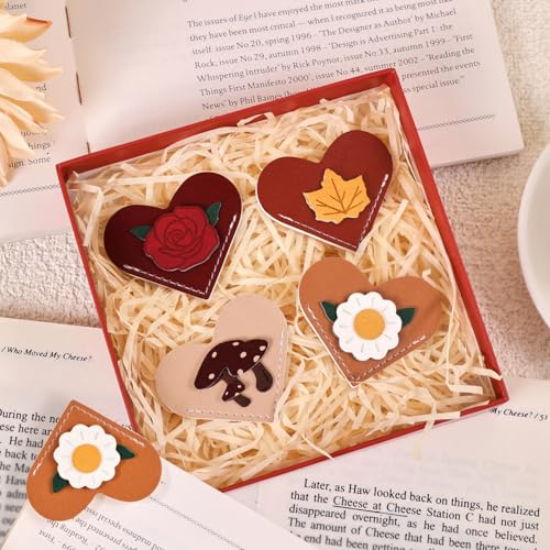 VYRANA 4Pcs Leather Heart Bookmarks - Cute Corner Book Marks Sets for Reading, Vintage Read Lover Gifts for Women Men Teens Kids Reader, Stylish Book Markers for Reading, Ideal Gifts for Planner - style: Heart Plant