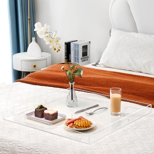 16×16 inches Oversized Clear Acrylic Ottoman Tray Extra Large Decorative Tray Spill-Proof Serving Trays with Handles King-Size Safe Edge Organizer for Coffee Table Countertop Breakfast - color: Clear, size: 16" x 16" x 2"