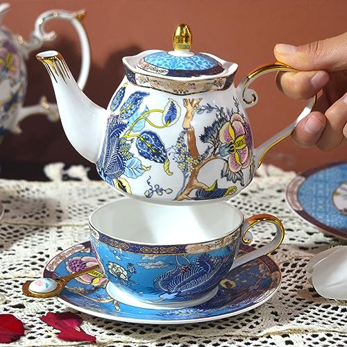 ACMLIFE Tea for One Teapot and Cup, Vintage Floral Porcelain Tea Set for One, Bone China Teapot with Cup Set, Tea Pot Gift for Women (Blue-A) - color: Blue-A