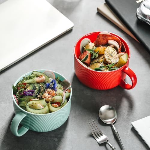 Ceramic Soup Bowl with Handle, 38 oz Microwave Safe, Red - color: Red