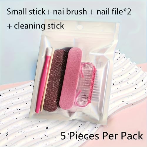 5PCS Nail Care Kit with Mini Nail File, Cuticle Pusher & Nail Cleaning Tools, Portable Manicure & Pedicure Set, Pink or Gray (PINK)