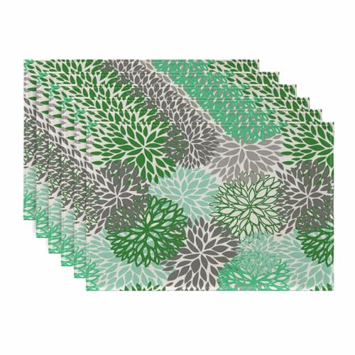 Ansouyi Placemats Set of 6, Green and Gray Dahlia Flower Washable Heat Resistant Linen Table Mats, Kitchen Decor Non-Slip Place Mats for Party Dining, 12x18 Inch - color: Green and Gray