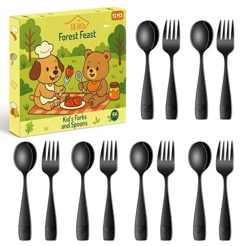 DEHOV Black Toddler Eating Utensils Set,Set Of 12 Food Grade Stainless Steel Silverware Sets For Kids,Dishwasher Safe Children Small Metal Spoons And Forks Flatware Sets - color: Black