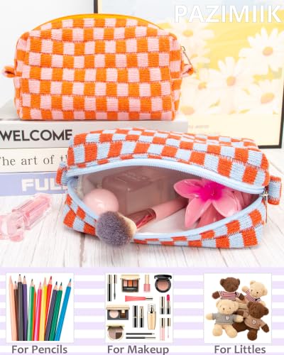 Checkered Makeup Bag for Purse, Small Travel Cosmetic Pouch,Orange Blue - color: Orange Blue