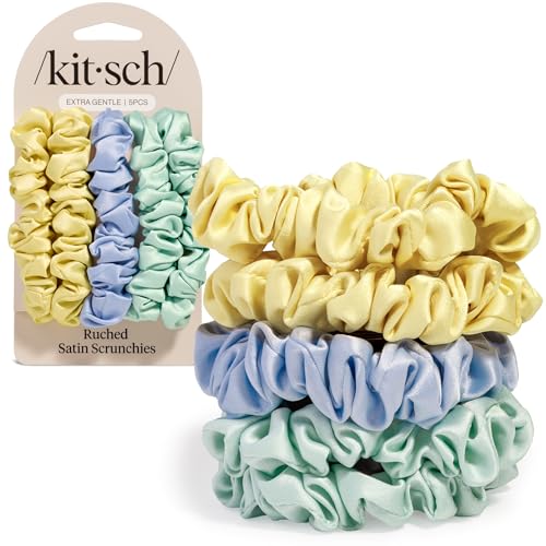 Kitsch Rosette Ruched Satin Scrunchies for Women - Multi-color, 5pcs - color: Pastel Yellow/Blue/Green
