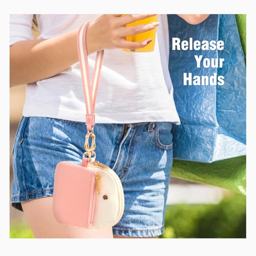 Wristlet Keychain Wallet for Women, Mini Dual Pouch with Coin Pouch – Zip Around wristlet Keychain Wallet with 2 Wristlets, Ideal for Dog Walking, Coffee Runs & Lunch Break Essentials(Beige+Pink G) - color: Beige+Pink G