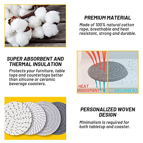 Mckanti 8 Pcs Drink Coasters with Holder, 4 Colors Absorbent Coasters, Minimalist Cotton Woven Coaster Set for Living Room Decor, Tabletop Protection Suitable for Kinds of Cups, 4.3 Inches - color: Multi-gray