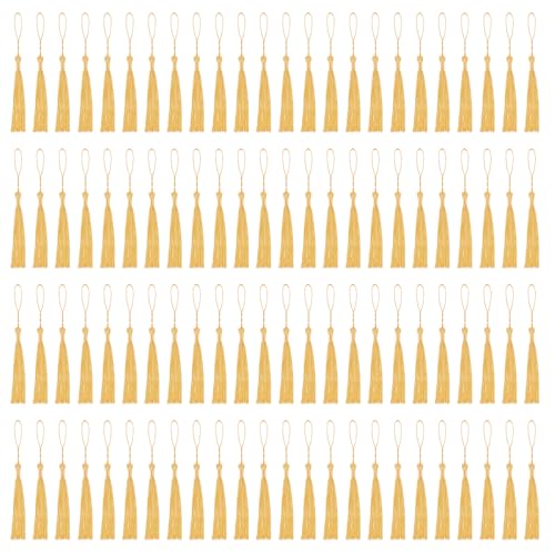 NACHLYNN 120 Pcs Bookmark Tassels Bulk 13cm/5 Inch Light Gold Silky Handmade Soft Craft Mini Tassels for Jewelry Keychain Making with Loops for Dress Decoration DIY Craft Accessory - color: Light Gold