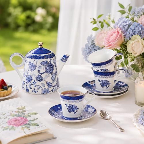 Bone China Tea Set for Adults, 13-Piece Blue and White Porcelain Tea Set for 4, Vintage Floral Tea Set With Teapot and Teaspoons, Tea Party Sets for Women Gift (Blue B) - color: Blue B