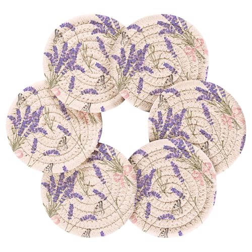 Beautiful Purple Lavender Drink Coasters Set - 6 Pcs Minimalist Woven Coasters with Holder for Home Decor, 3.94 Inch Absorbent Coasters for Drinks - color: A01