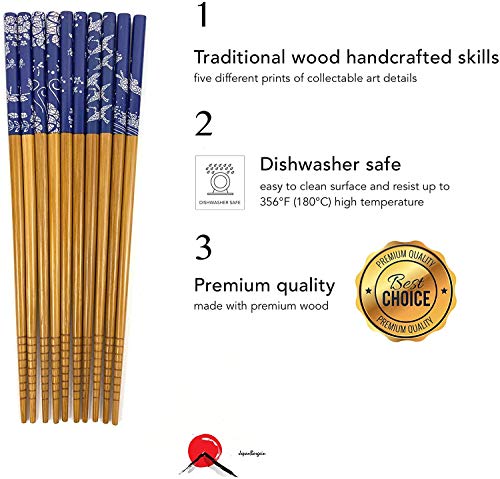 Bamboo Chopsticks Set, Japanese Reusable Wooden Chopsticks with Traditional Pattern Designs, Non Slip Tips Dishwasher Safe Asian Chopsticks for Sushi Ramen Noodles Rice Dining (2, Blue Print) - color: Blue Print