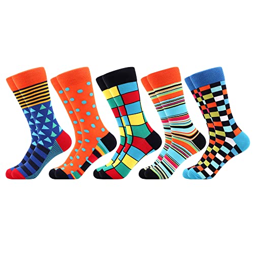 WeciBor Men's Combed Cotton Novelty Crew Socks Size 7-15 - color: Red-orange/Blue/Multicolor Geometric-5m, size: 7-12