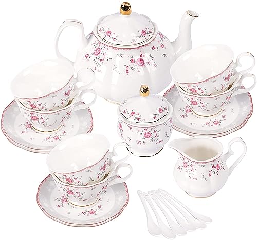 fanquare Vintage Porcelain Tea Set for Women Tea Party, Cup and Saucer Set for 6, Wedding Floral Teapot Set for Adults, Pink Rose - color: Pink