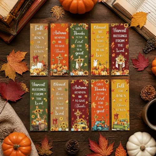 Fall Christian Bookmarks for Book Lovers - Cosmisun 100 Pcs Autumn Religious Bookmark Paper Pumpkin Cross Bible Verse Page Book Markers Gifts for Women Men Office Church Reading Party Rewards Supplies - color: Fall