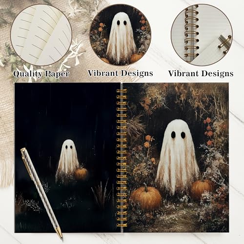 Notebook Journal for Women - A5 Spiral Notebook with Ghost in forest Design, Vintage Dark Romantic Ghost Wildflowers, Gothic Office & School Supplies, Unique Gifts for Women Birthday, Christmas (Pumpkin & ghost) - color: Pumpkin & ghost