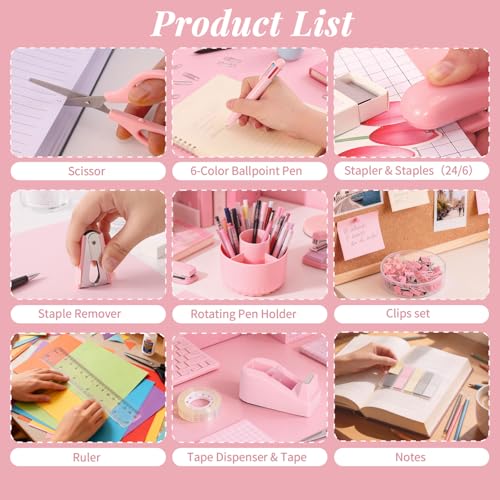 Pink Desk Accessories, 11Pcs Desk Organizer with 360° Rotating Pen Holder