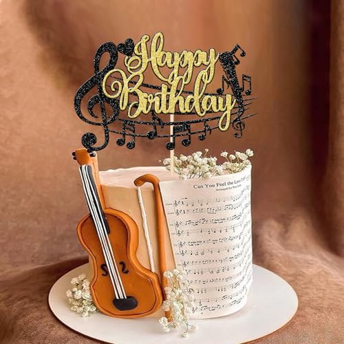 1 PCS Music Happy Birthday Cake Topper Black Gold Glitter Musical Symbol Note Microphone Music Lover Birthday Cake Pick for Concert Singer Theme Party Cake Decoration Supplies - color: Design 6