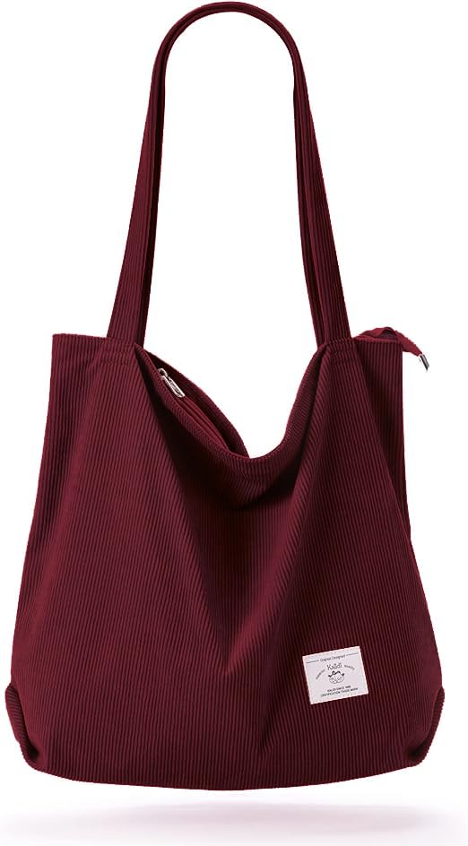 KALIDI Women Corduroy Tote Bag Zipper Casual Tote's Handbag Big Capacity Shoulder Bag with Pockets - color: Red