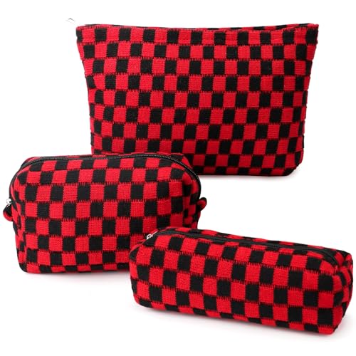 EIMMBD Makeup Bag 3 Pieces Large Capacity Checkered Cosmetic Bags Travel Toiletry Bag Organizer Cute Makeup Pouch Storage for Women(Red & Black) - color: Red & Black