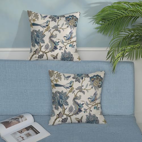 Chinoiserie Pillow Covers 18x18 Pack of 2 Blue Birds Floral Throw Pillow Covers Outdoor Decoration,Vintage Flower Pillowcase Farmhouse Decorative Linen Cushion Case for Home Couch Sofa - color: Blue Floral Birds, size: 18" x 18" (Pack of 2)