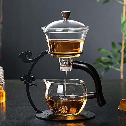 RORA Glass Teapot Set Semi Automatic Drip Rotating with Infuser Lazy Kungfu Tea pot Set (Black) - color: Black, size: teapot