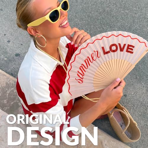 Fisura – Original Folding Fan with “Summer Love” Message. Colorful Wooden Folding Fan in red. Includes Strap. Fun Gift idea. 16.7 x 9 in. - color: Summer Love, Red