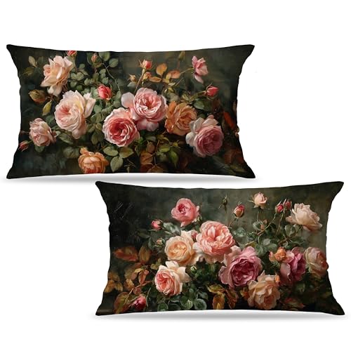 Vintage Floral Rectangle Pillow Throw Cover 20x12 Decor, Shabby Chic Rustic Cottagecore Decorative Throw Pillow Covers Double-Sided Set of 2 - color: A-rose-5, size: 20" x 12" (Pack of 1)