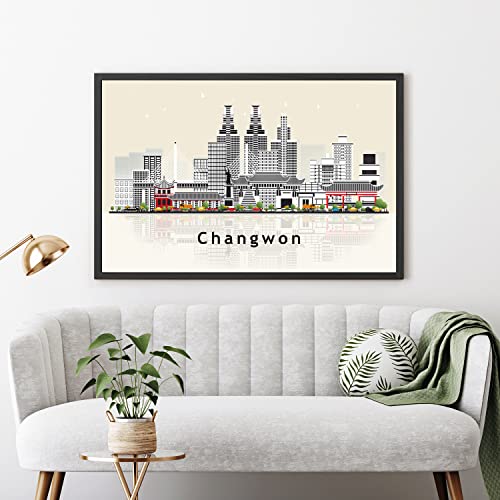 Pera Print Changwon Poster, South Korea Illustration Skyline City Poster, Modern Skyline Changwon Poster, Cityscape and Landmark Print, Home-Office Wall Art Decoration - 24x36 Inches - color: Changwon - South Korea, size: 24x36 Inches