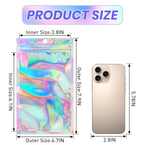 Funfery 100pcs Mylar Holographic Bags-Resealable Zipper&Clear Window - color: Holographic, size: 4.7 x 7.9 Inch